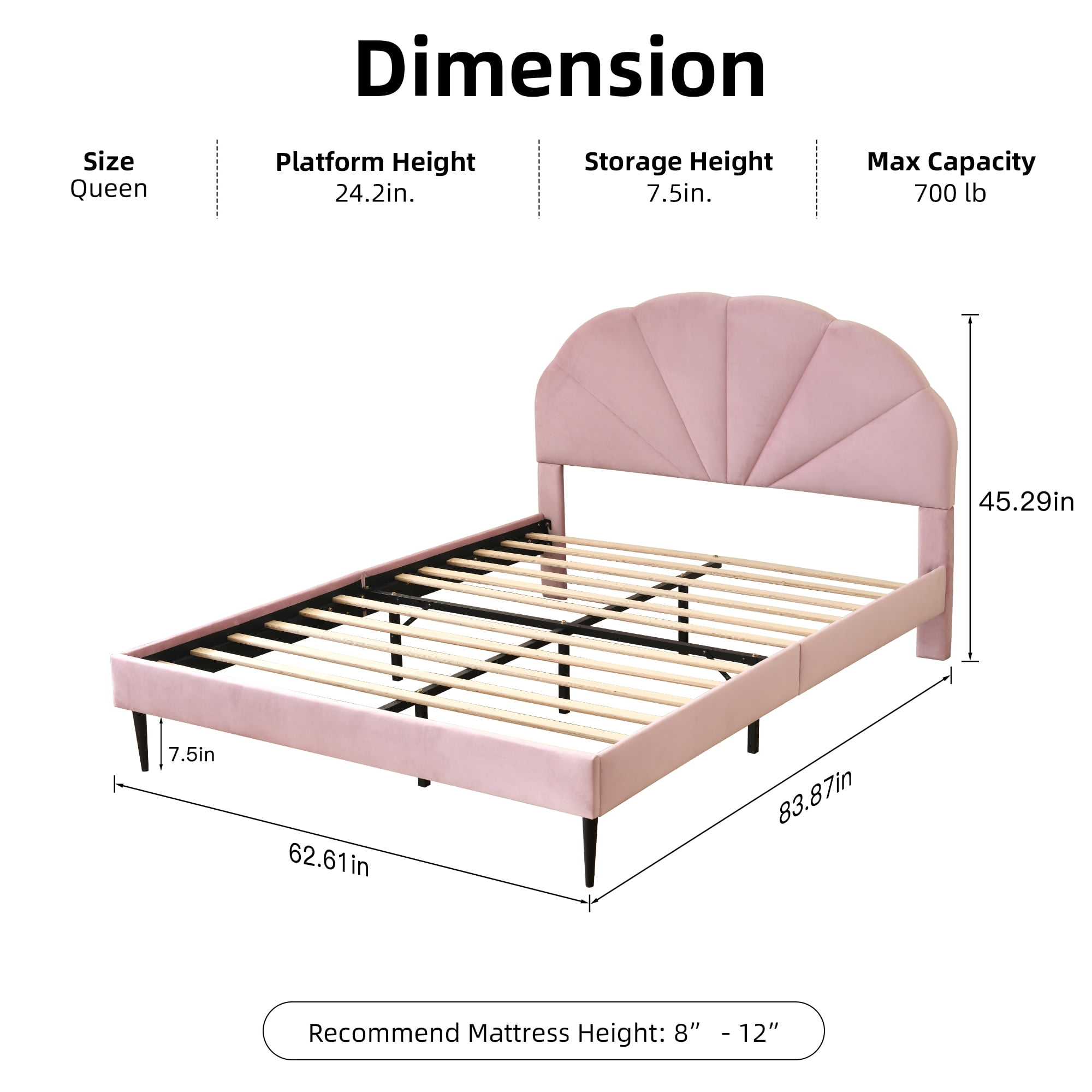 Queen Size Bed Frame with Seashell Headboard, Velvet-Like Upholstered Platform Bed with Wood Slat Support, No Box Spring Needed, Pink