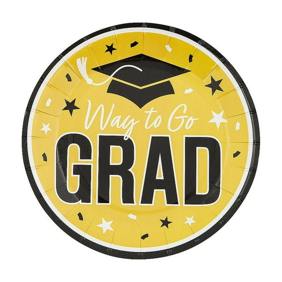Fun Express 7 1/4" Yellow Way to Go Grad Disposable Paper Dessert Plates - 25 Count