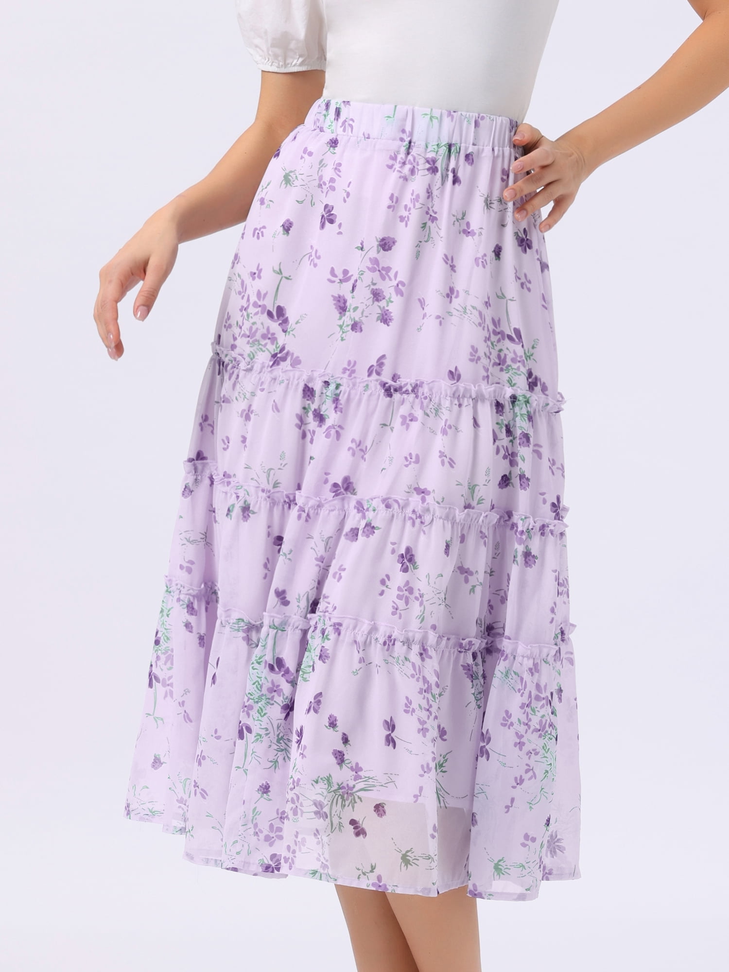 DARING DIVA Women's Floral Chiffon A-line Long Tiered Ruffle Maxi Skirt XL Purple Floral