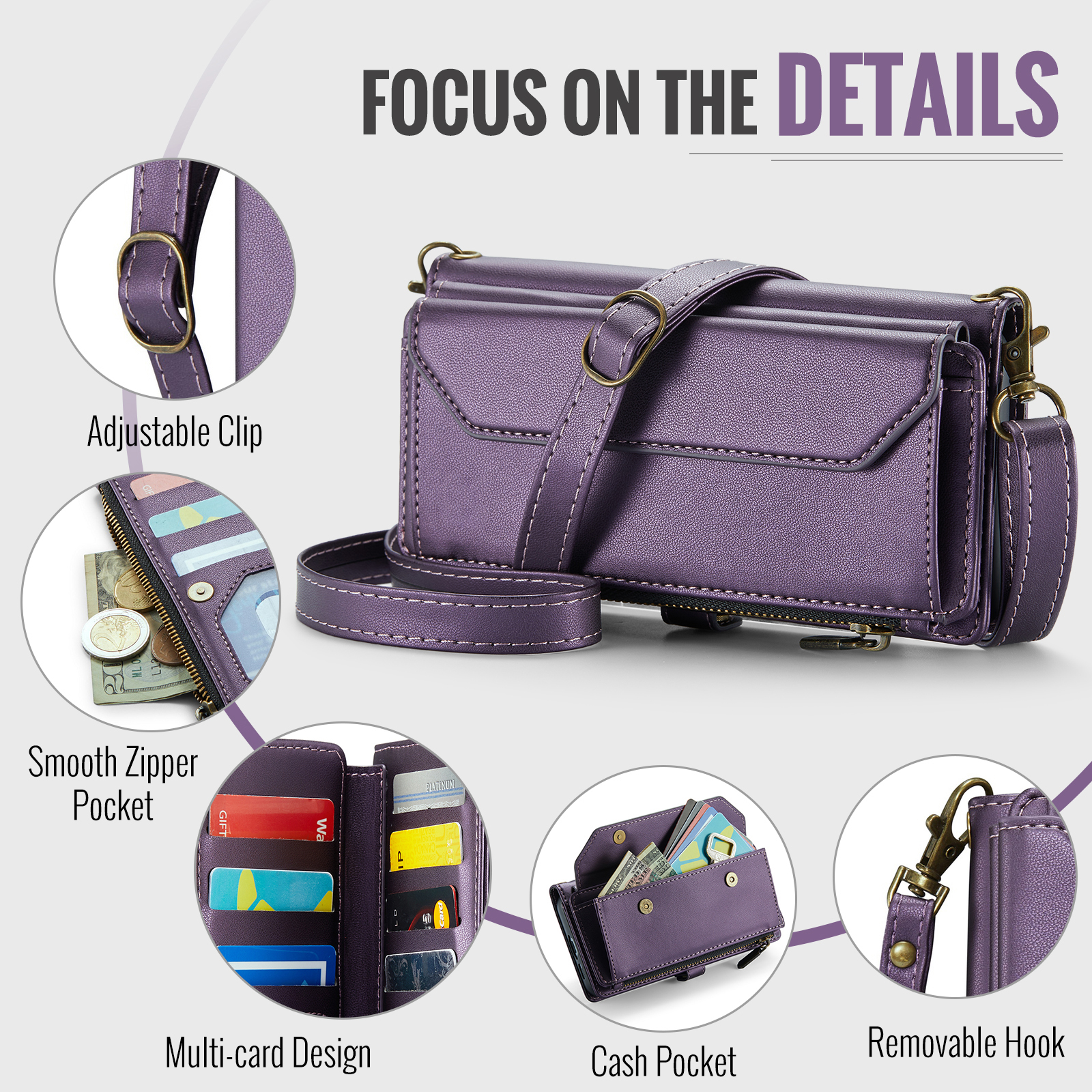 Compatible with Samsung Galaxy S23 Plus S23+ 5G Zipper Wallet Phone Case Tempered Glass Screen Protector Crossbody Lanyard Strap Flip Card Holder Slot Cell Cover for S23plus 23S S 23 23+ Women Purple