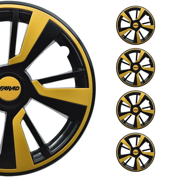 OMAC 14" Inch Hubcaps Wheel Rim Cover Black with Yellow Insert 4pcs Set