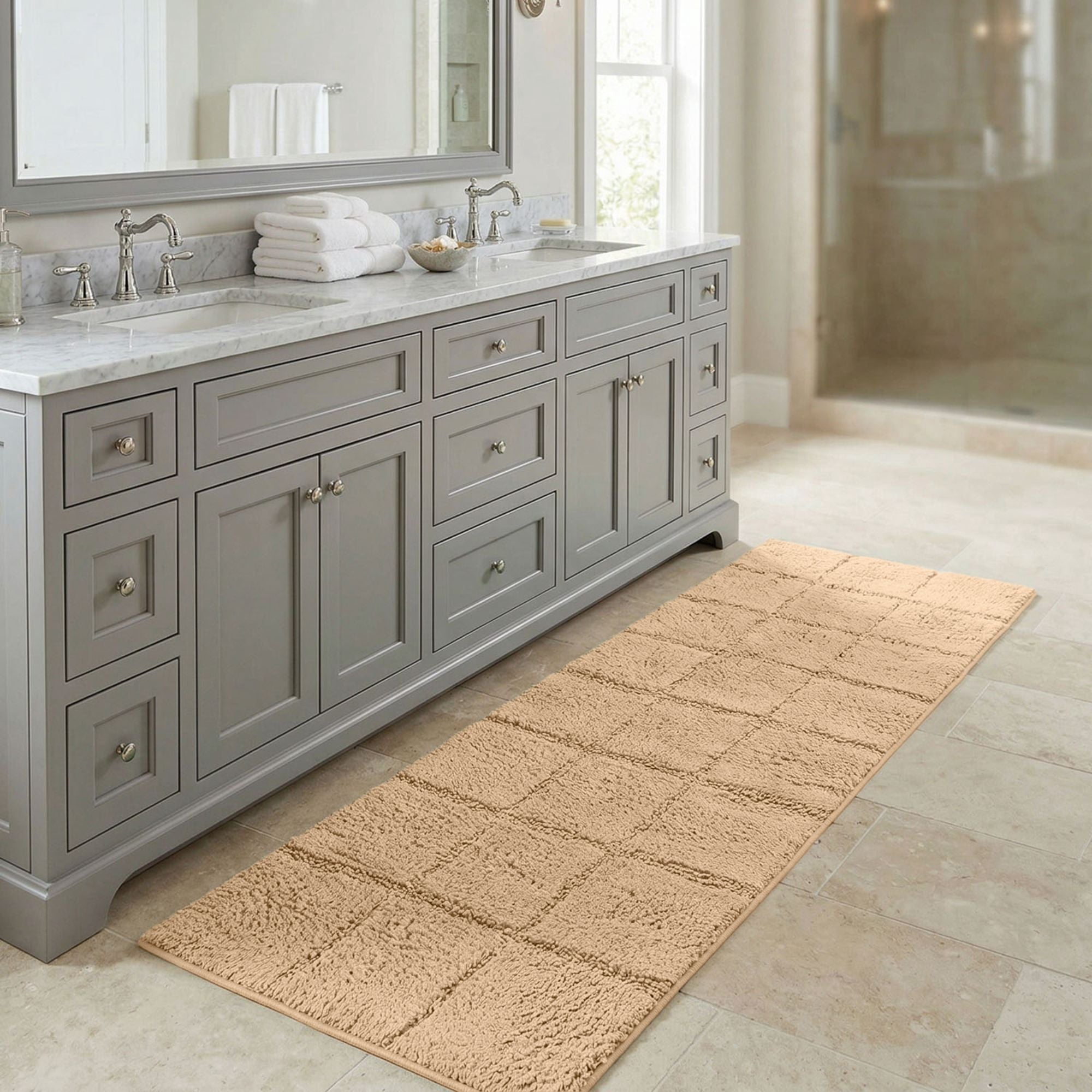 Superior Checkered Cotton Washable Non-Slip Bath Rug, Runner Size, Taupe