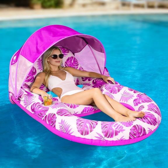 Pool Floats, Inflatable Pool Lounge Float with Canopy UPF 50 , Extra Large Pink Pool Floats Adults, Heavy Duty, Pool Accessories with Cup Holder, Backrest & Footrest