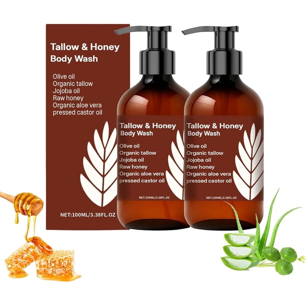 Gel de ducha de sebo y miel: gel de ducha de sebo de res alimentada con pasto, con manteca de karité, miel, vitamina E y aloe vera para piel seca. Hidratante ligero y no graso.