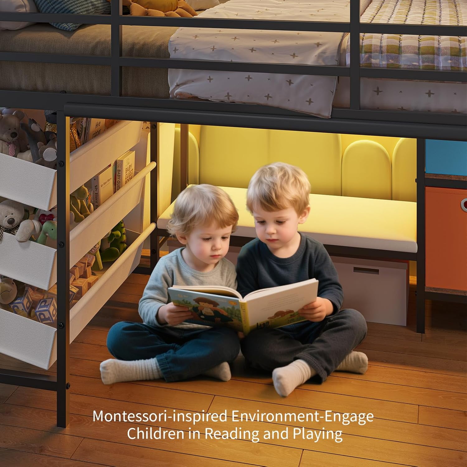 Mabor Twin Size Loft Bed with LED Lights & Reading Bench, Metal Loft Bed Frame with Bookshelf & Storage Basket & Stairs & Full-Length Guardrail for Bedroom, Black