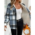 thumbnail image 4 of Women's Fashion Casual Loose-Fitting Long-Sleeved Plaid Print Hooded Jacket Baseball Jacket for Fall and Streetwear Style,Light Blue,XL, 4 of 7