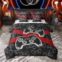 Homewish Modern Game Player Twin Bedding Sets 7-Piece for Kids, Black Red Game Console Bedding Comforter Set, Cartoon Gamepad Reversible Sheet Sets, Ultra Soft Bedroom Decor