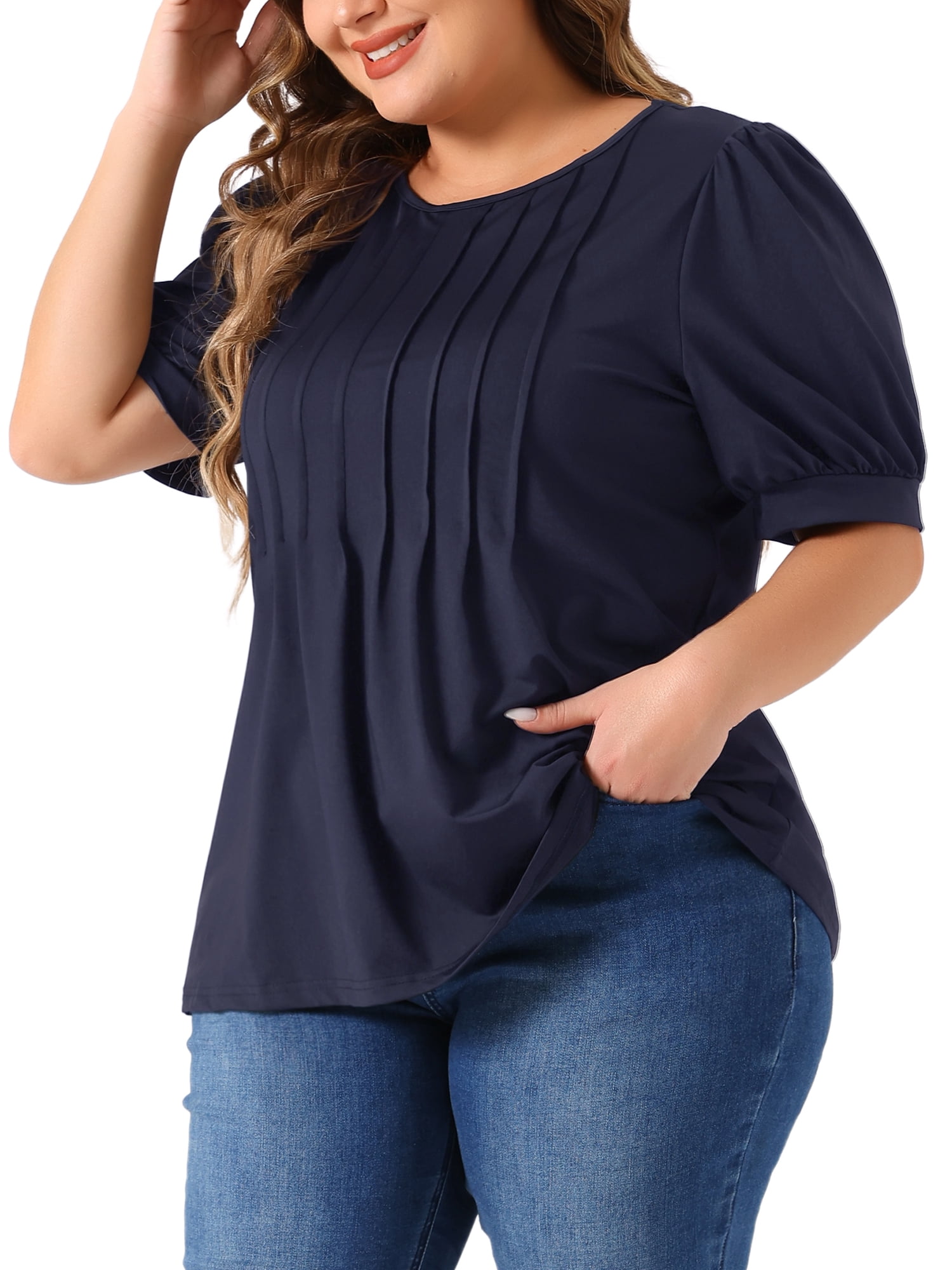 Women's Plus Top Puff Short Sleeve Tops Crew Neck Pleated Shirts Tunic Blouses 4X Navy Blue