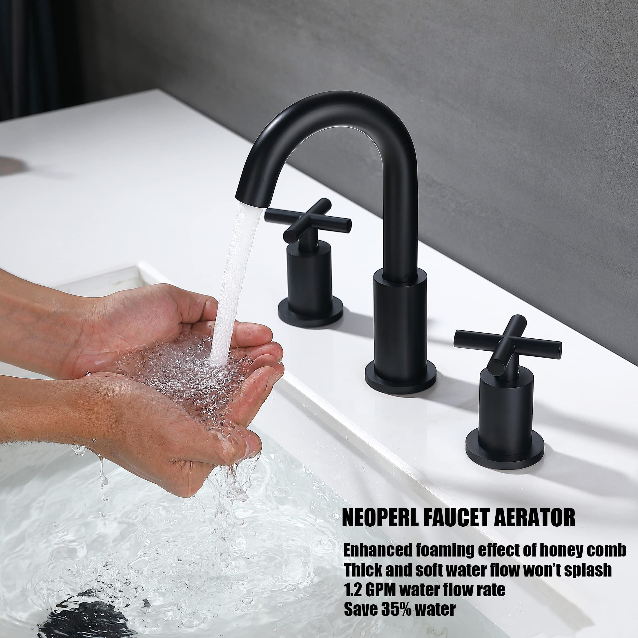 Adorer 8 Inches Widespread Bathroom Faucet 3 Hole, Matte Black Bathroom Sink Faucet with Pop-up Drain - 32133BK