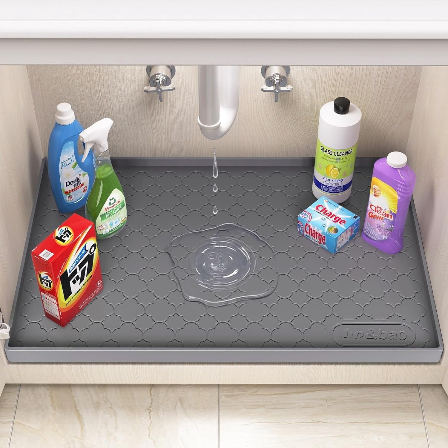 RGHJAR-Waterproof Under Sink Mat 34" x 22", Thick Silicone Mat Cabinet Protector for Kitchen and Bathroom, Shelf Liner, Home Organizer and Storage, Multipurpose Tray for Gadgets and Essentials