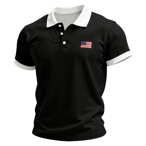 GrmtClth Mens American Flag Polo Shirt Patriotic Collared Shirts Breathable Tops Color Block Button Up Short Sleeve Fashion Golf Polo Black L