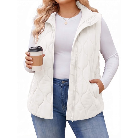 Weardear Women Plus Size Puffer Vest Lightweight Quilted Jackets Stand Collar Sleeveless Jacket with Pockets