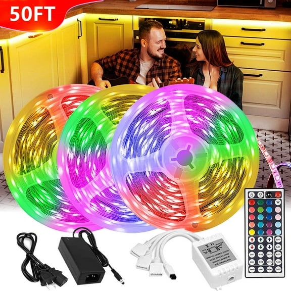 LED Light Strip 50ft Flexible RGB Rope Lights 5050 SMD IP67 Waterproof 15M Tape Light with 44 Keys Wireless Controller and 24V Power Adapter