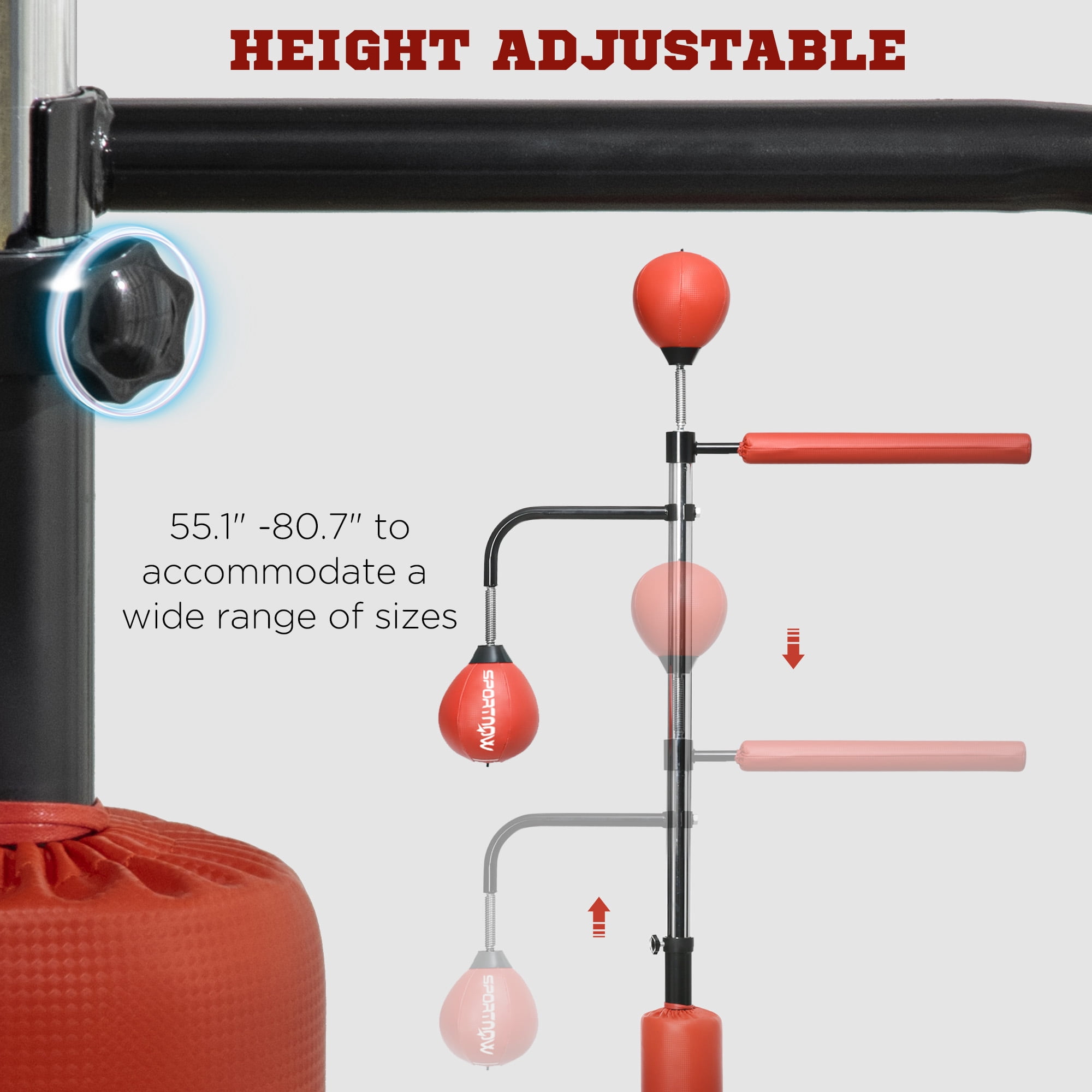 Exercise Equipment Soozier 4'7"-6'8" Boxing Bag Stand with Speed Bag and Reaction Bar Challenge, Reflex Bag Boxing Training Equipment with Suction Cups and Shock-absorbing System, Red,Workout Equipm