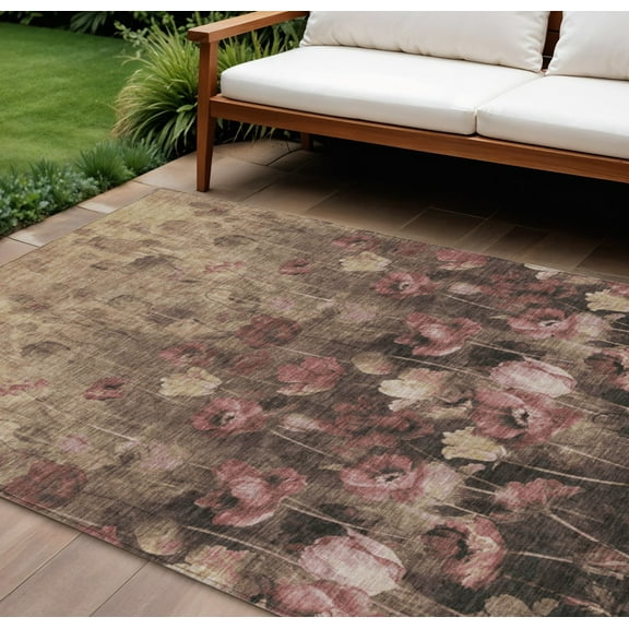 HomeRoots 597067 9 x 12 ft. Taupe, Brown & Pink Floral Washable Indoor & Outdoor Rectangle Area Rug