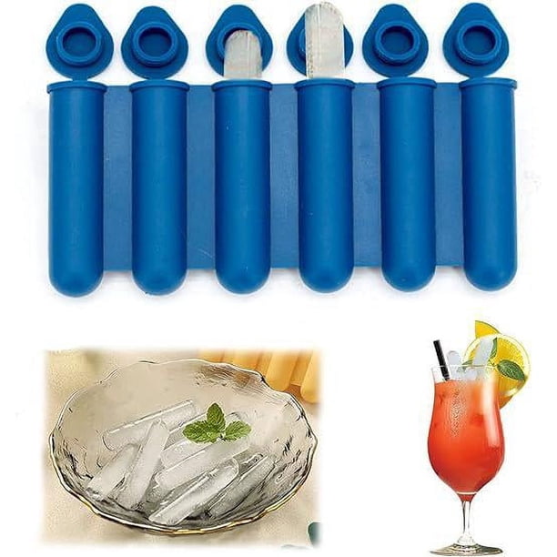 Mini moldes de silicona para cubitos de hielo con tapas (azul marino), estrechos y largos, fáciles de empujar y colocar, para hacer 6 botellas de agua, adecuados para llenar bebidas embotelladas