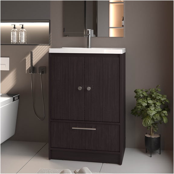 JERFIT 36 inch Modern Bathroom Vanity with Sink, Freestanding Storage Cabinet with 2 Doors & Drawer in Wenge Finish