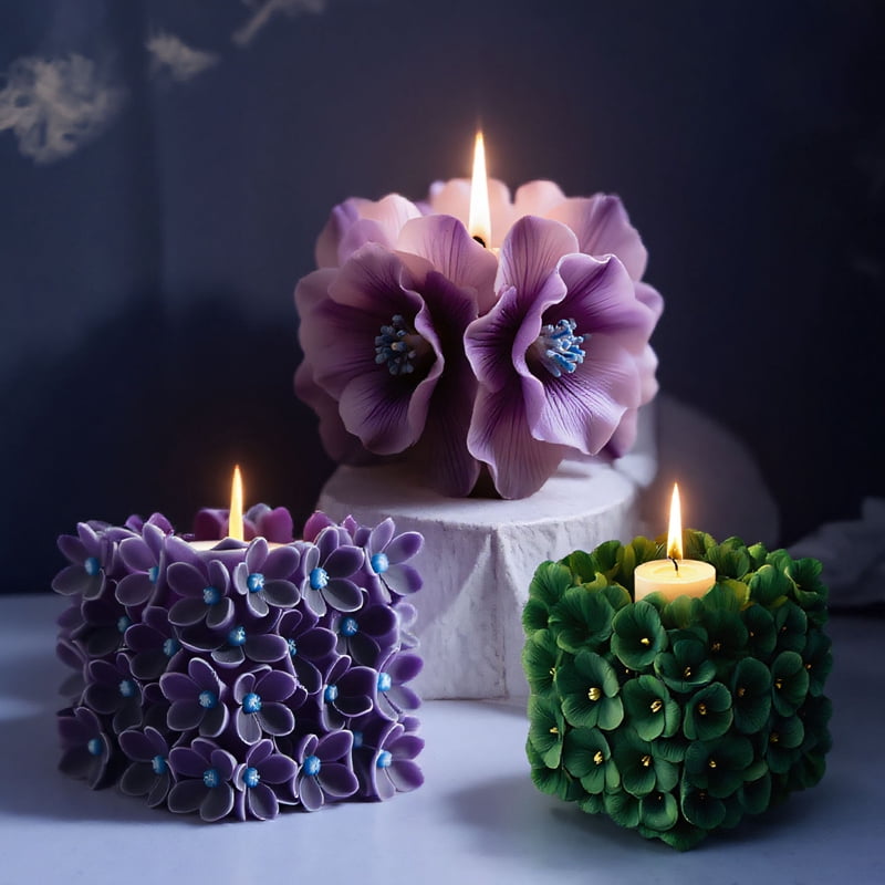 3Pcs Square Hydrangea Silicone Candle Mold, Floral Cube Candle Molds for DIY Candle Making Soap Resin Home Decor
