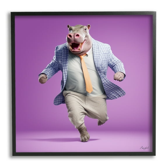 Stupell Industries Dancing Hippo on Purple Animals & Insects Painting Black Framed Art Print Wall Art, 12 x 12