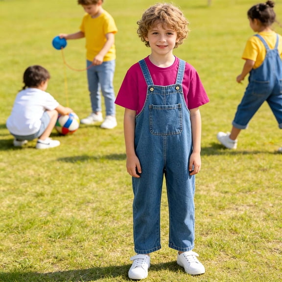 CAIVO Children Toddler Girls Denim Overalls Casual Loose Fit Jumpsuit With O-Neck Short Sleeve T-Shirts Tops Outfit Sets For Baby Holiday Clothes Sets