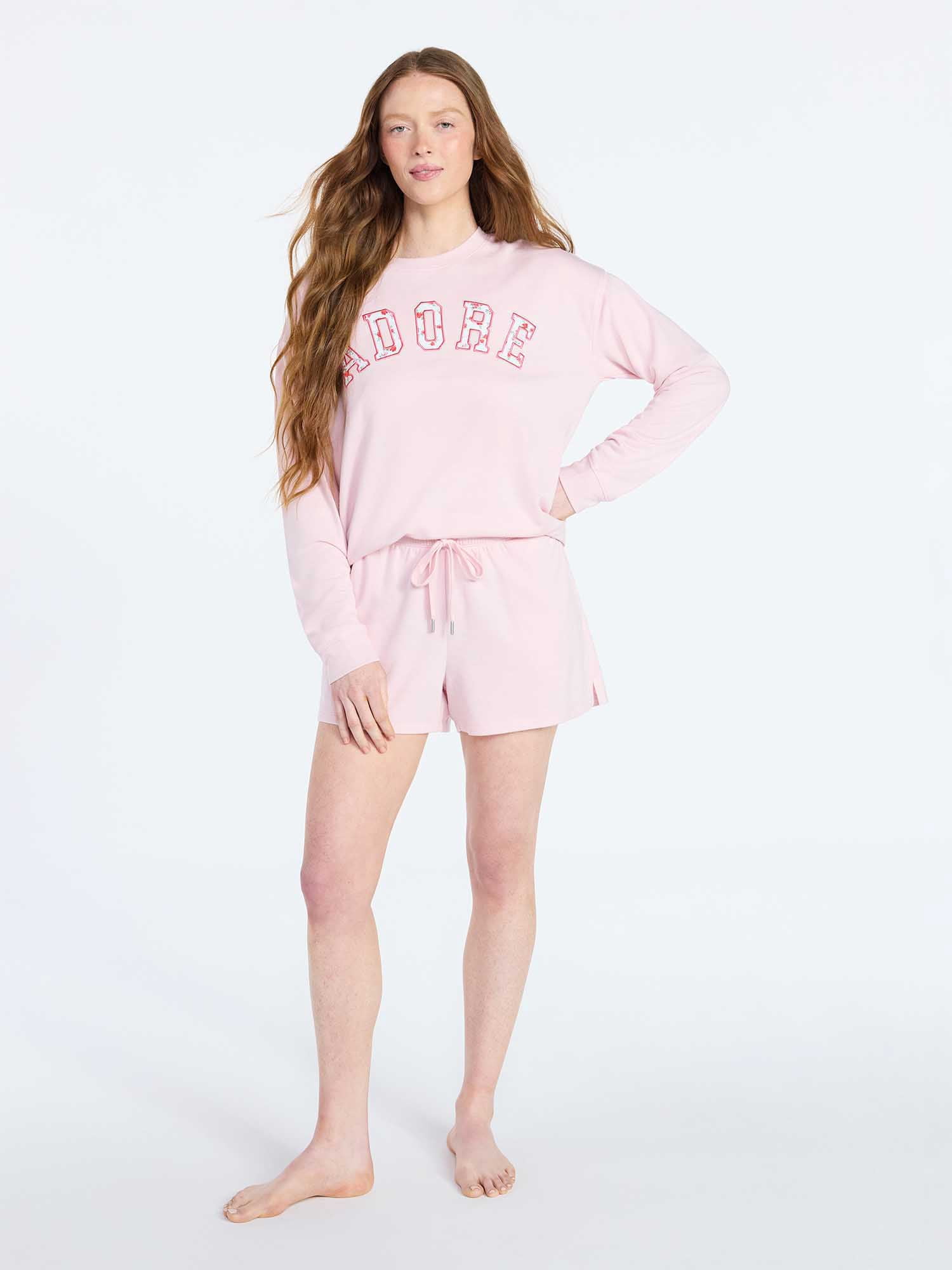 Joyspun Women's French Terry Knit Long Sleeve Lounge Sleep Top, Sizes XS-3X