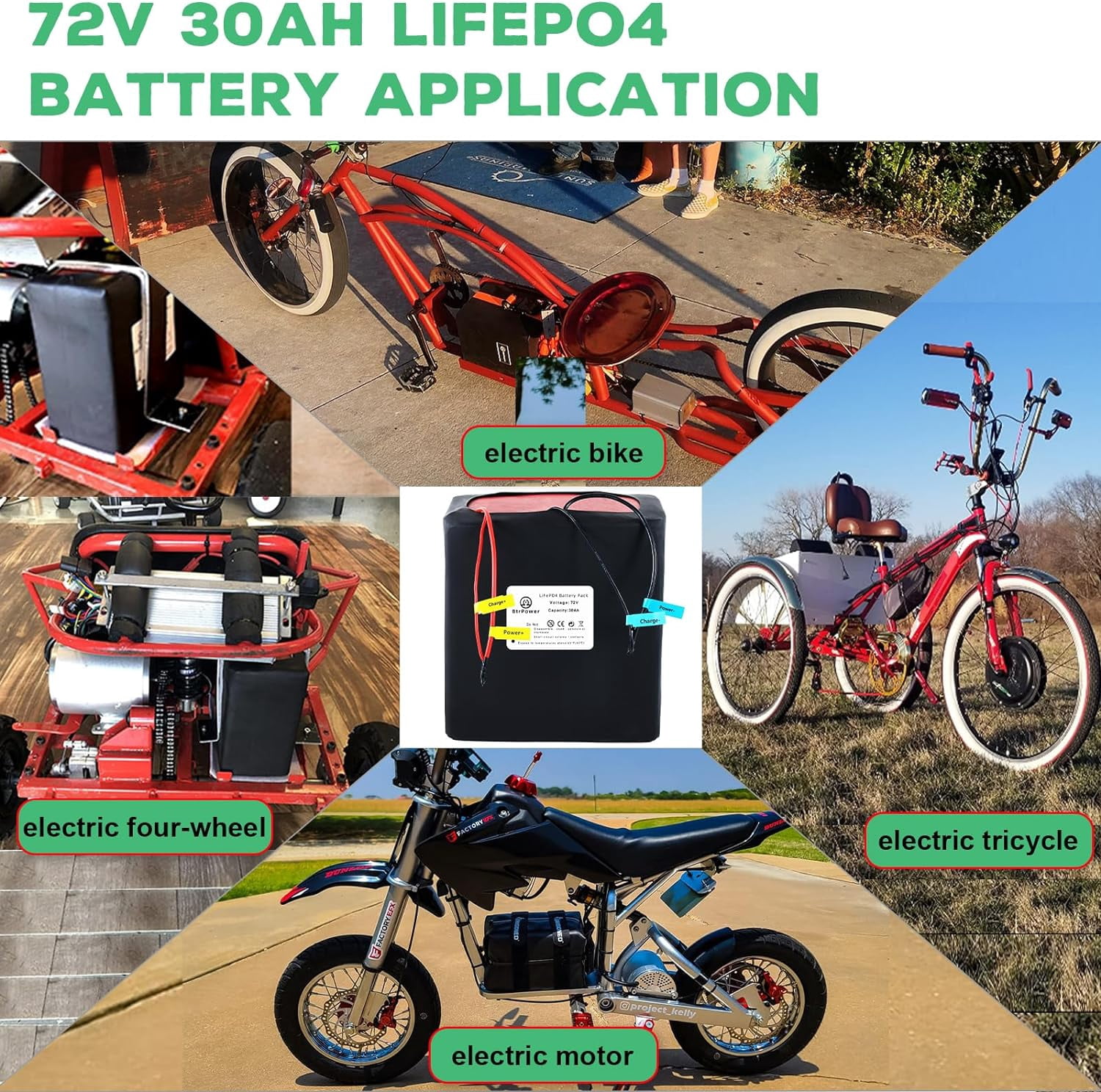 Ebike Battery 72V 30AH Lifepo4 Battery Pack with 5A Charger 50A BMS for 300W-3500W Motor