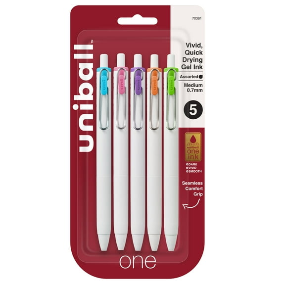 uniballâ„¢ one Retractable Gel Pens, Medium Point (0.7mm), Assorted Ink, 5 Pack