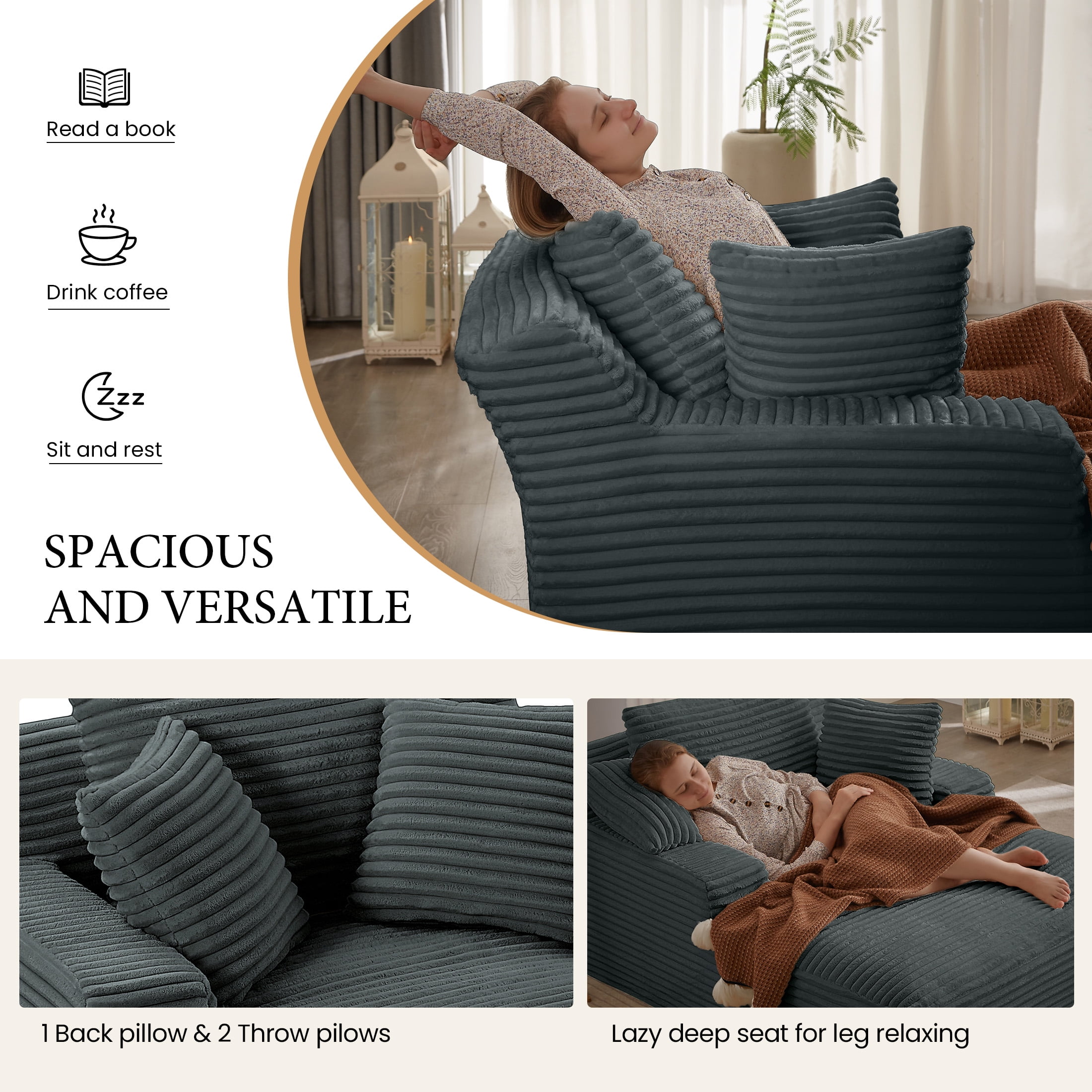 Aukfa 66" Oversized Chaise Lounge Chair, Corduroy Sleeper Sofa with 3 Pillow for Living Room,Black