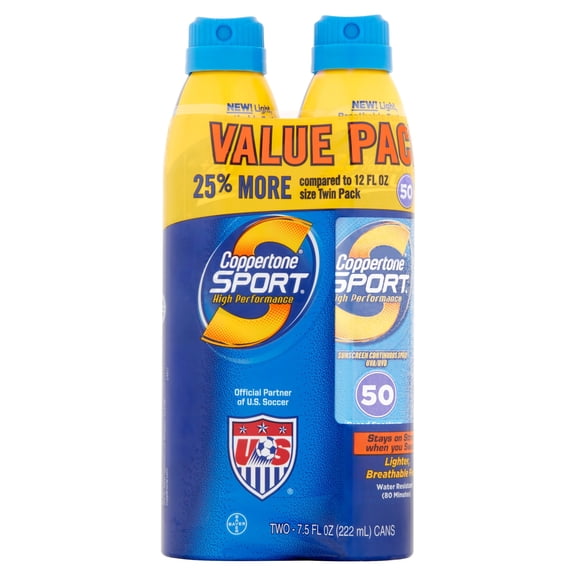 Bayer Coppertone Sport Sunscreen Continuous Spray UVA/UVB Broad Spectrum SPF 50, 7.5 fl oz, 2 count