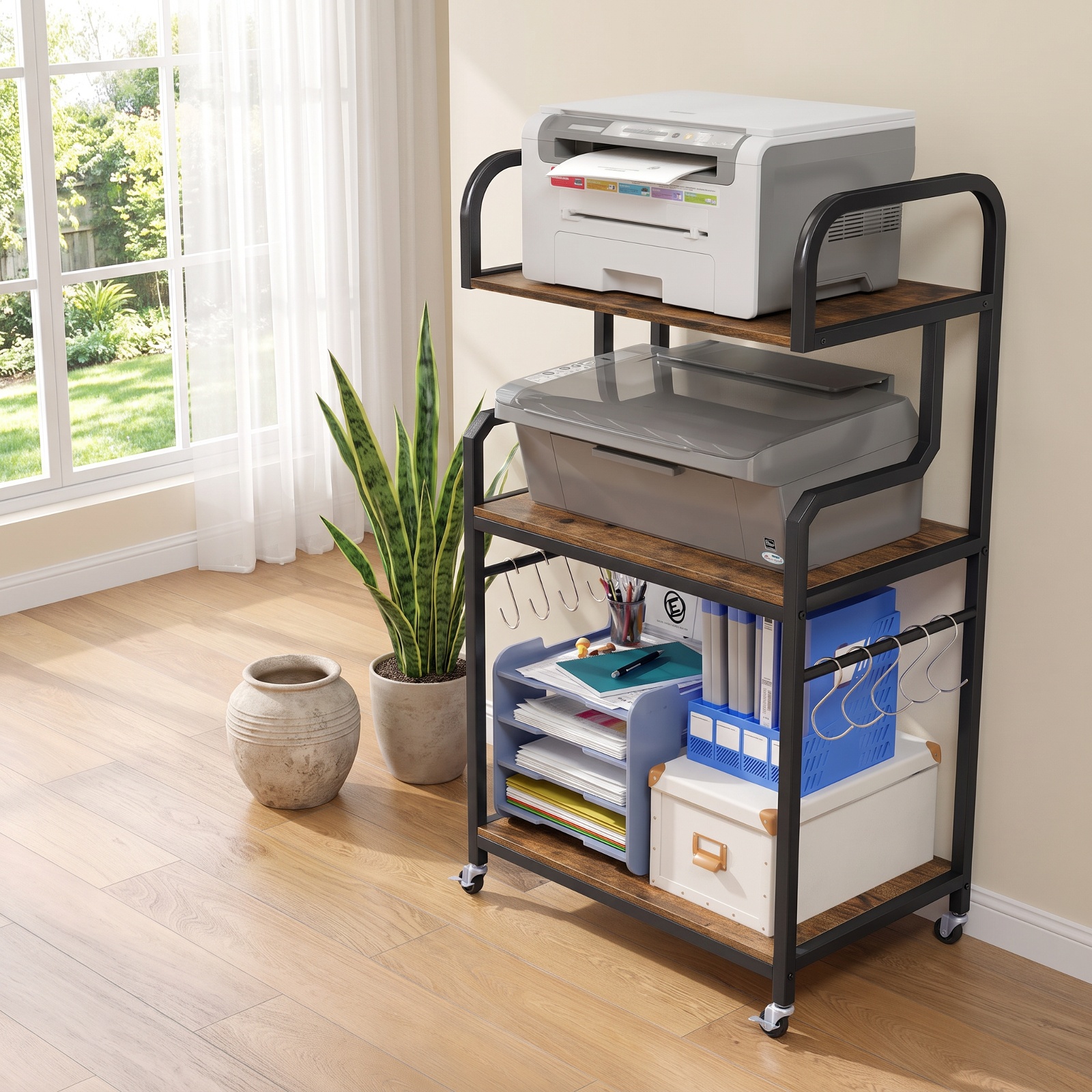 Furnibear 3-Tier Rolling Printer Stand Home Office Large Printer Cart with Storage Shelves for Home Office Printer Machine Under Desk, Rustic Brown