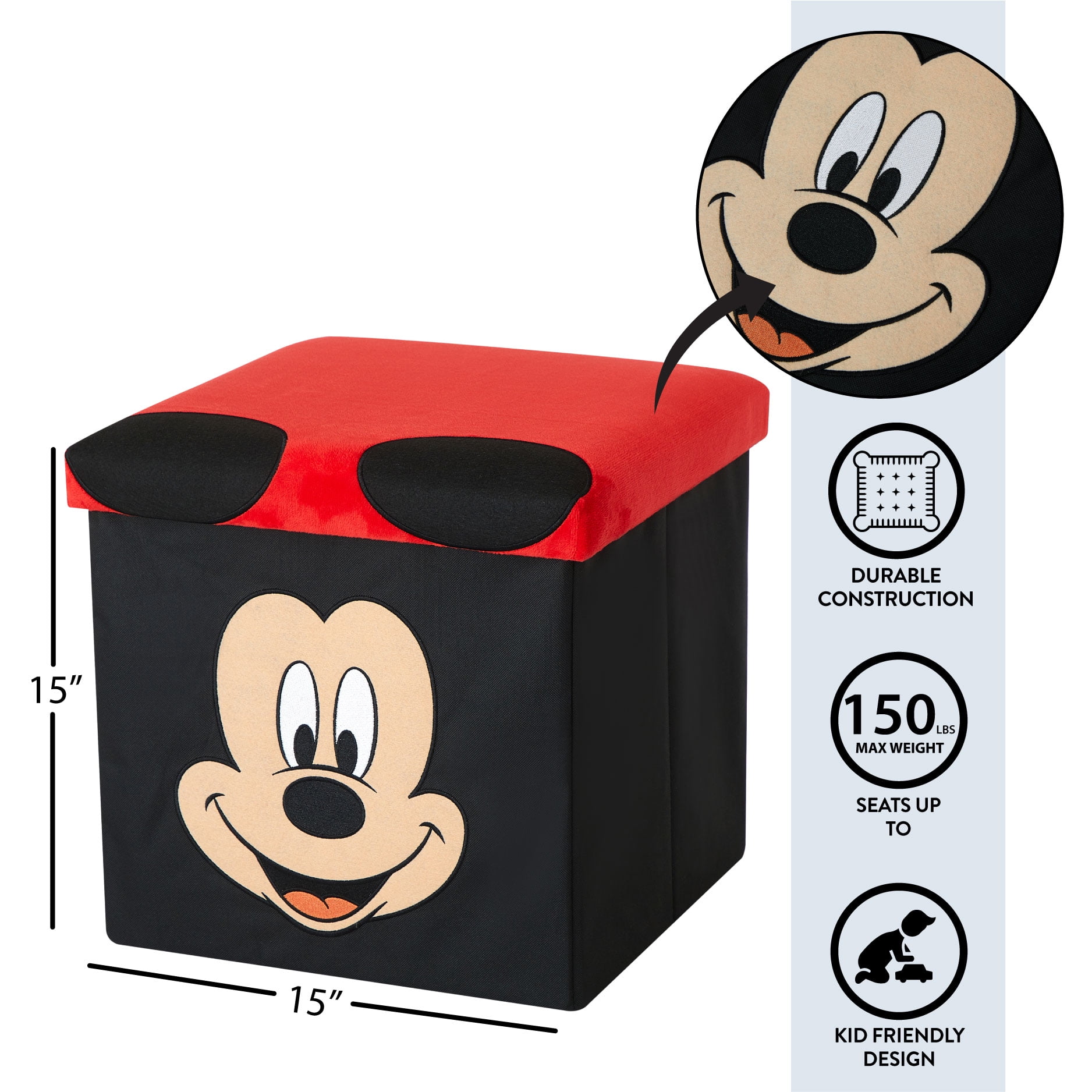 Disney Mickey Mouse Kids' Storage Ottoman, Red, 15" x 15" x 15"