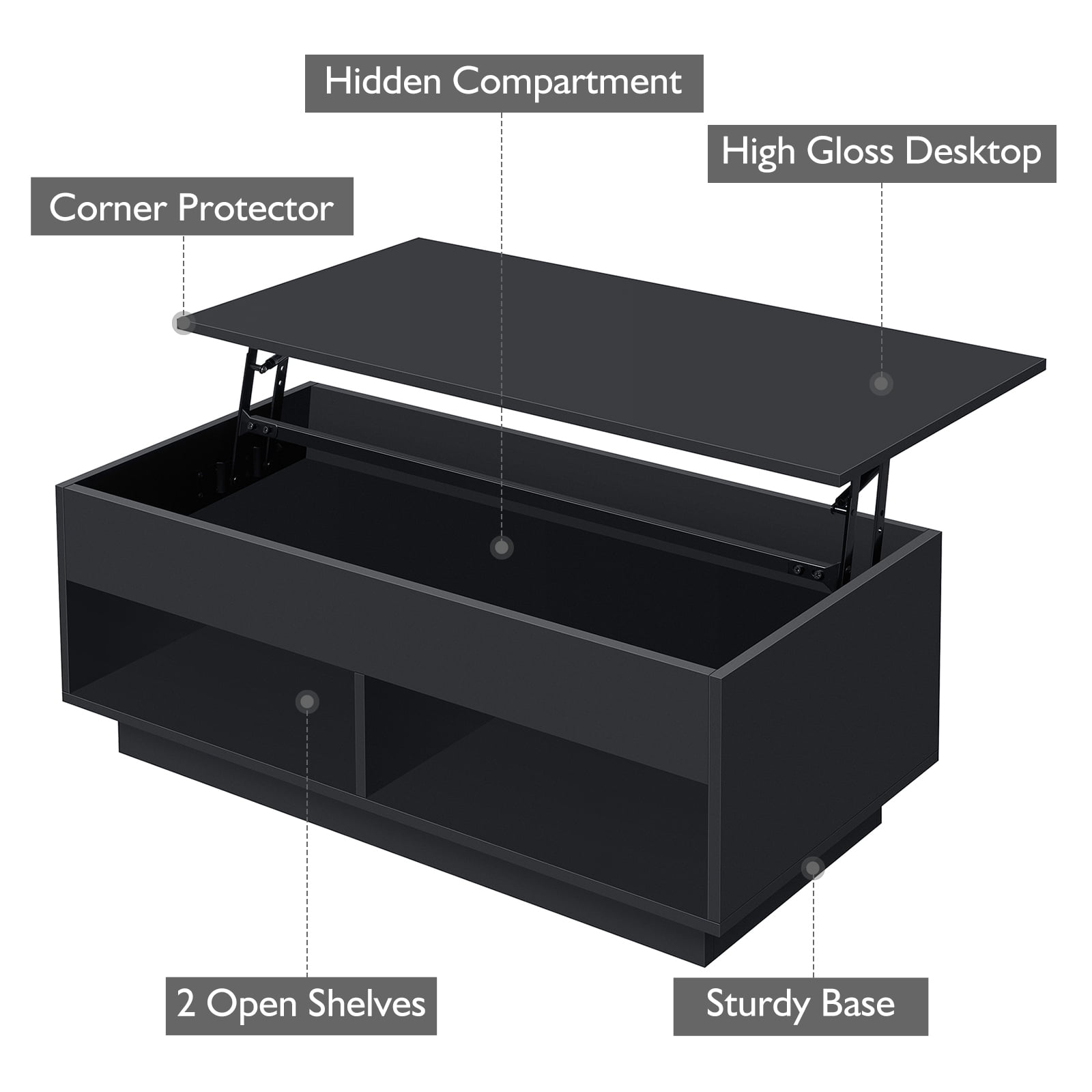Hommpa Lift Top Coffee Table with Hidden Compartment High Gloss Black Coffee Tables LED Center Rising Cocktail Table for Living Room Accent Furniture