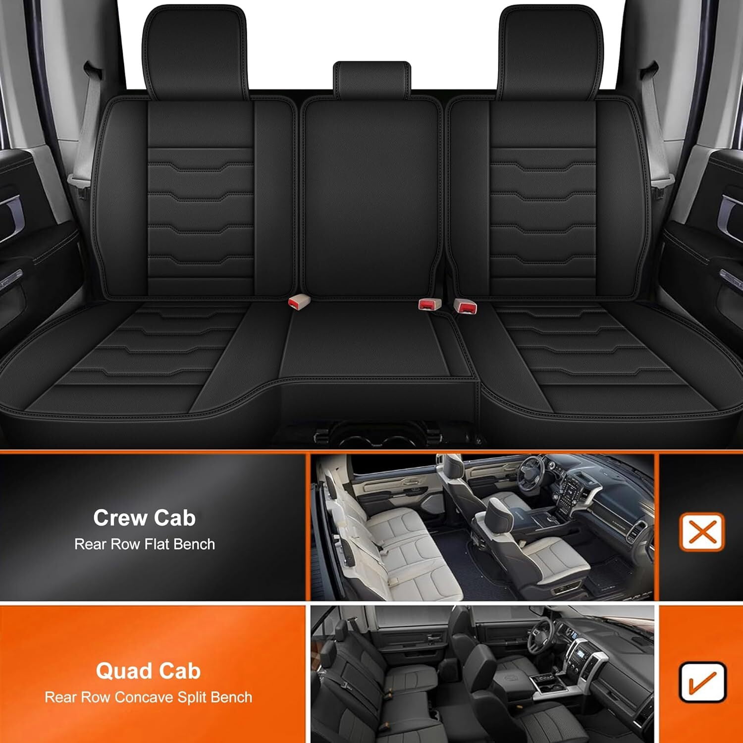 Custom Seat Covers Fit for Dodge RAM 2002-2024 2025 2026: Leather Car Seat Covers Waterproof for RAM 1500 2500 3500 Truck Pickup Crew Quad Cab with Split Bench (Black, Full Set Curved Back)