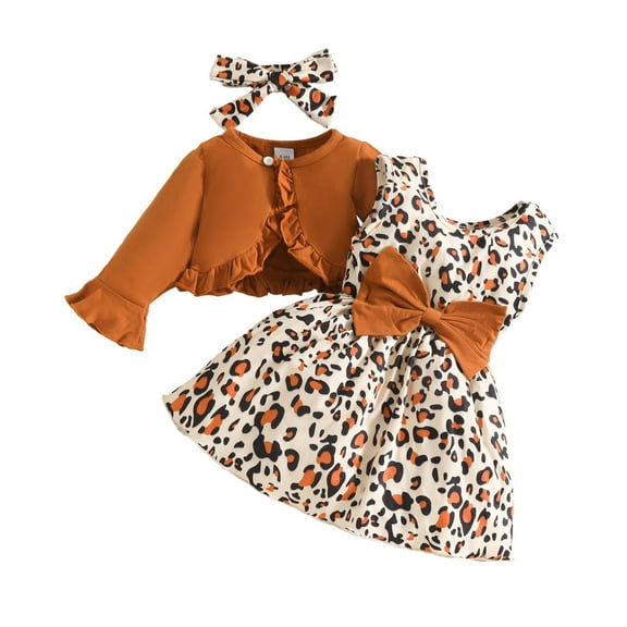 Gaexia Toddler Fall Outfits For Girls ,Toddler Girls Leopard Print Dress Set with Ruffled Coat Long Sleeve Outfit Headband for Casual and School