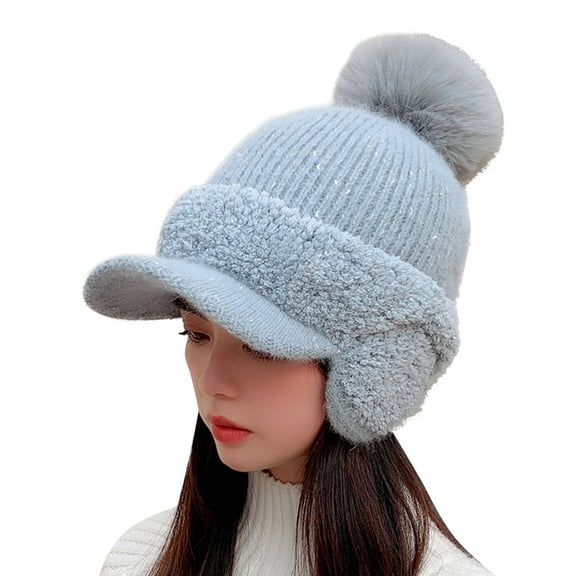 NOKIO Winter Hats with Earflaps for Women Thickened Hat with Pompom Soft Warm Lined Brim Beanies Thermal Ski Snow Cap Fleece Lined Beanie Hats Winter Knit Ski Cap Women Pom Pom Ball