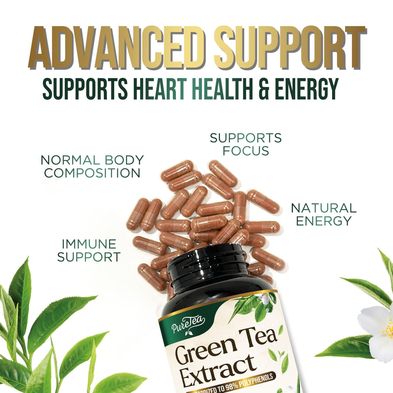 Green Tea Extract 1000mg Per Serving - 98% Polyphenols & 45% EGCG Capsules, Heart Support with Antioxidants - 3X Absorption Green Tea Pills Supplement, Natural Energy, Gentle Caffeine - 240 Capsules