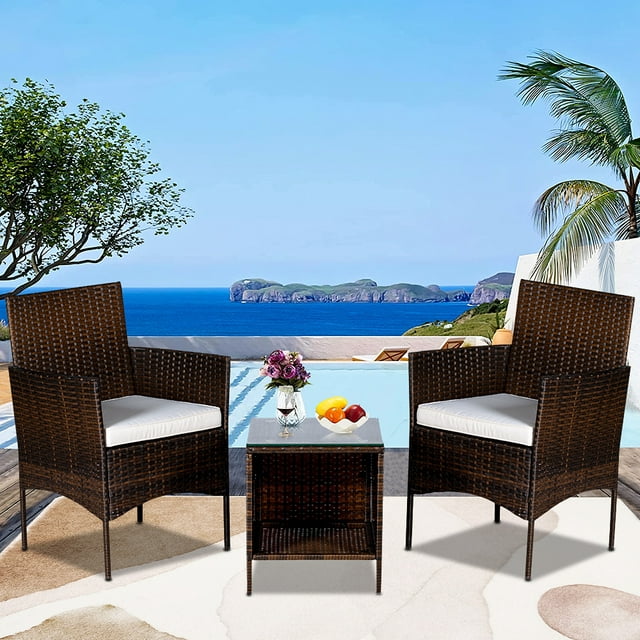 3 Piece Patio Bistro Set Clearance, Outdoor Patio Furniture Sets with Coffee Table, Modern Wicker Patio Set Rattan Conversation Sets with Beige Cushions for Backyard Deck Garden Pool, L5626