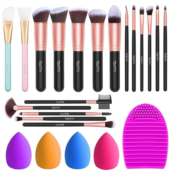 BESTOPE USTAR Makeup Brushes 16PCs Makeup Brushes Set with 4PCs Makeup Sponge and 1 Brush Cleaner Premium Synthetic Foundation Brushes Blending Face Powder Eye Shadows Make Up Brushes Tool(Rose Gold)
