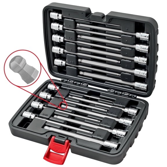 Carbyne 18-Piece Extra Long Ball End Hex (Allen) Socket Set, SAE and Metric, S2 Steel, 3/8 in. Drive, 6.1 in. Overall Length, Zinc Phosphate