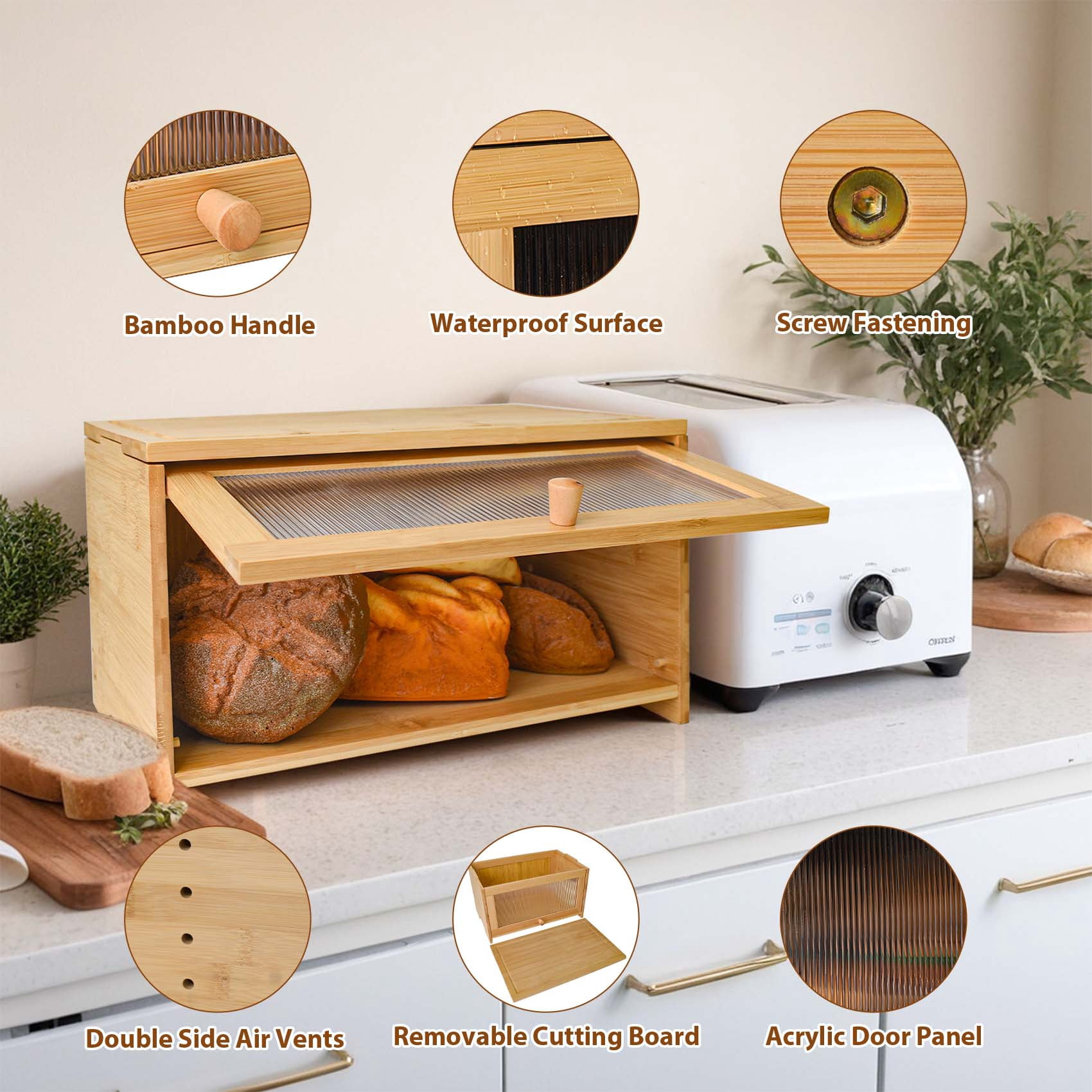thovorrnl Bread Box for Kitchen Countertop with Removable Cutting Board, Farmhouse Bamboo Bread Storage Container, 15.7” x 9.8” x9.2”
