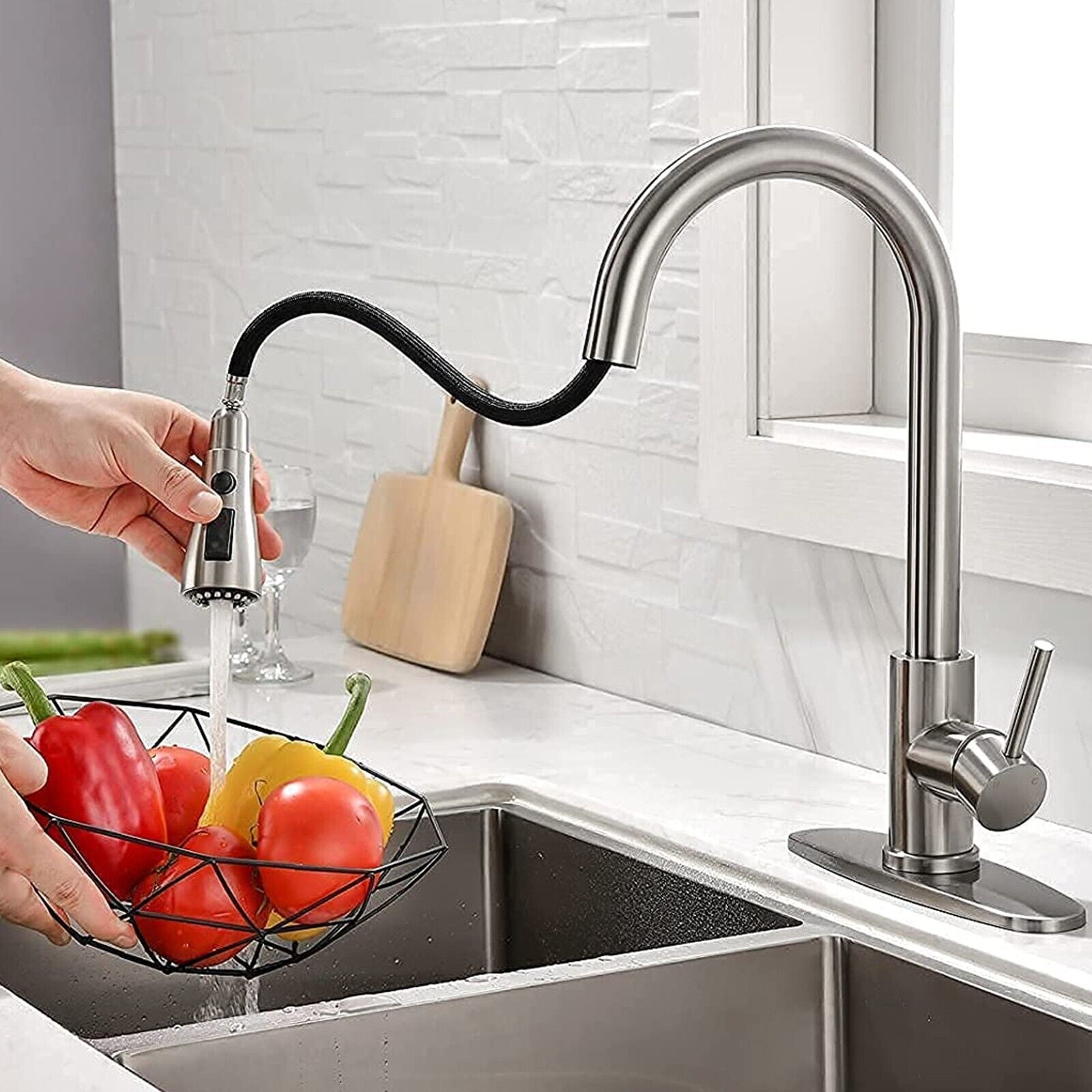 Zovajonia Kitchen Sink Faucet  Pull Down Sprayer with Cover&Soap Dispenser Sink Faucet Brushed Nickel