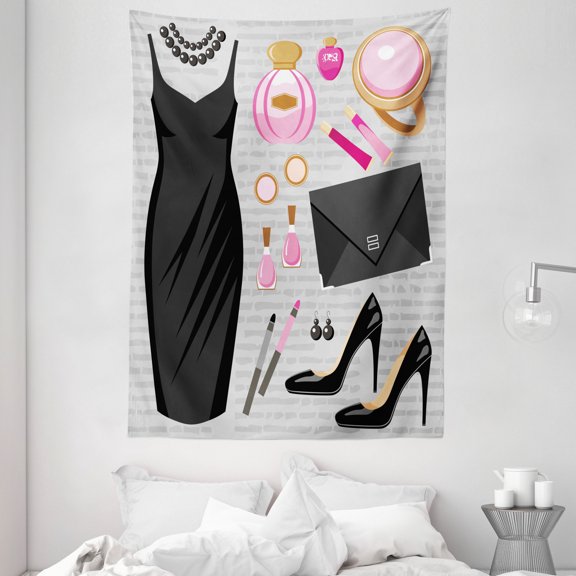 Heels and Dresses Tapestry, Black Smart Cocktail Dress Perfume Make Up Clutch Bag, Wall Hanging for Bedroom Living Room Dorm Decor, 60W X 80L Inches, Black Pale Pink Pale Brown, by Ambesonne