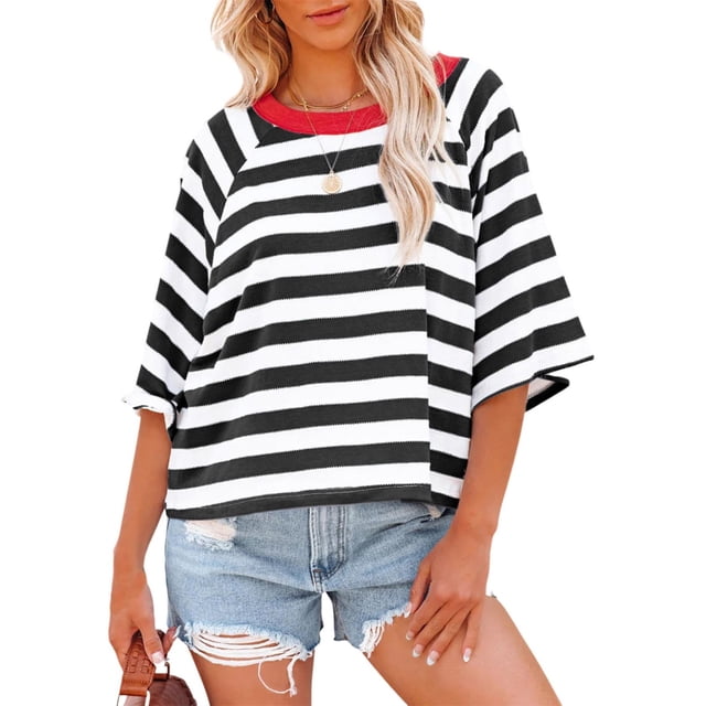 Jsaierl Chemises Rayées pour Femmes Décontractées Manches 3/4 Raglan Hauts Col Ras du Cou Confortables T-Shirts Surdimensionnés Légers de Travail