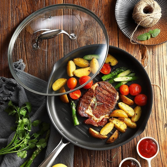 11 Inch Copper  Non Stick Frying Pan Set with Glass Lid, 3 Ply Stainless Steel Cookware for Gas Induction Oven
