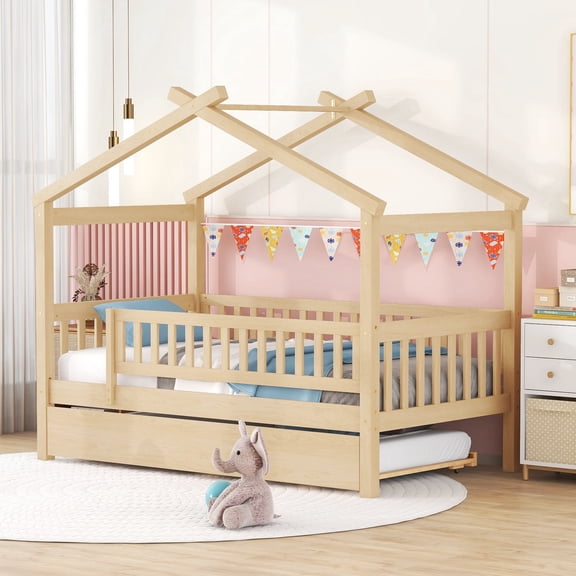 PureDashio Twin Size Wood House Bed Frame, Playhouse Bed with Roof, Guardrail Fence and Under-Bed Trundle, Solid Wood Slat Support, No Box Spring Needed, Natural
