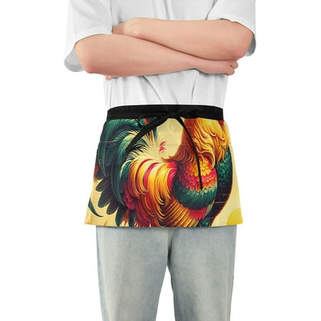 

Retro Rooster Waist Apron Adjustable Server Half Apron Kitchen Cooking with 3 Pockets for Men Women