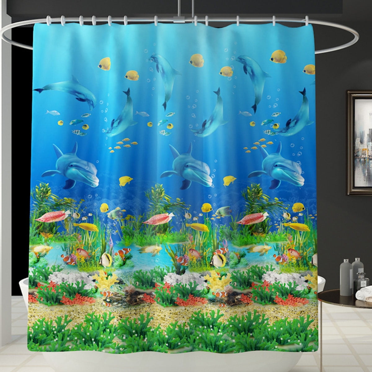 Dolphin Ocean Shower Curtain Bath Pad Pedestal Rug Lid Toilet Cover Mat .