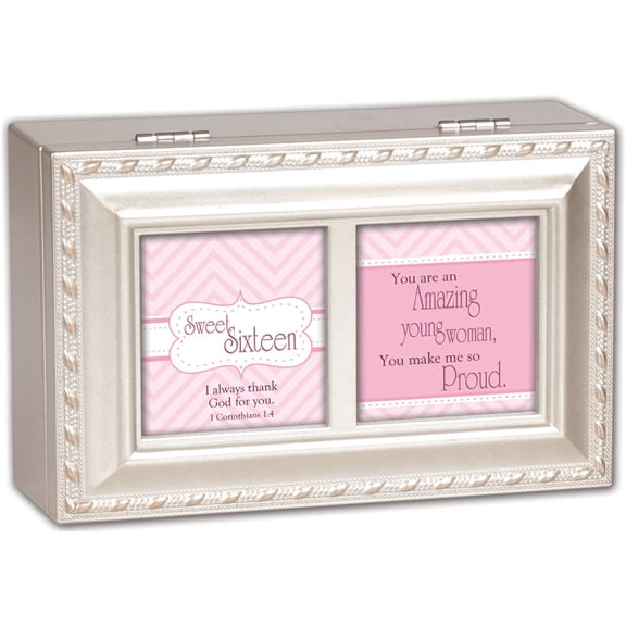 Cottage Garden Sweet Sixteen Champagne Rope Trim Silver Petite Jewelry Music Box Plays Amazing Grace