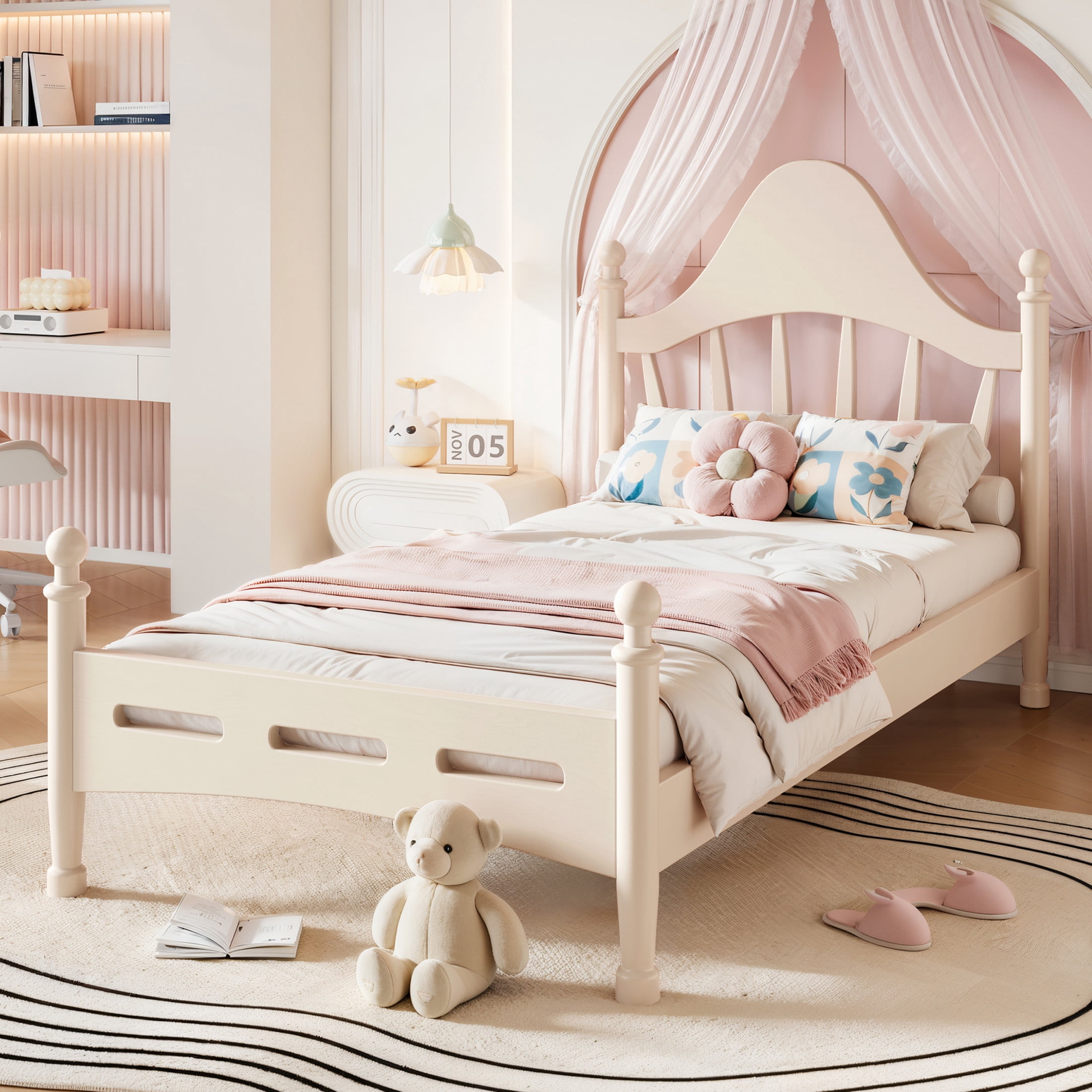 GDF Studio Twin Size Platform Bed with Curved Headboard, Solid Pine Frame, Slatted Support, Beige