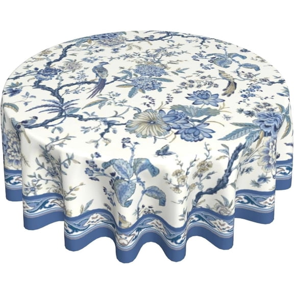 Chinoiserie Tablecloth Round 60Inch, Blue White Flowers Birds Table Cloth, Classic Porcelain Floral Oriental Style Table Cover Reusable Heat Resistant for Dining Kitchen Indoor Outdoor Decor